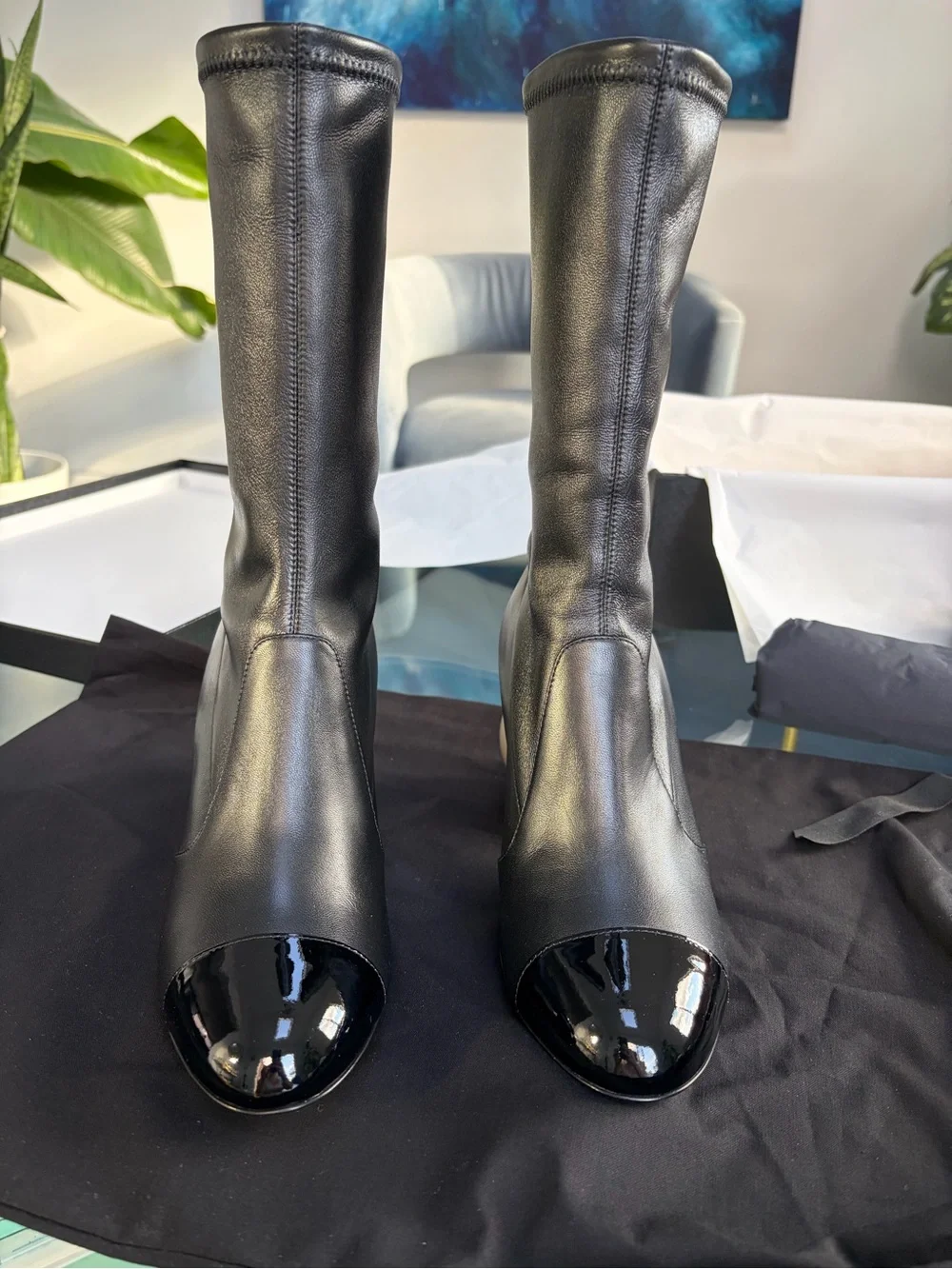 CHANEL 25K Pearl Ball Heel CC Logo Stretch Black Leather Mid Calf Boots 38.5 NIB